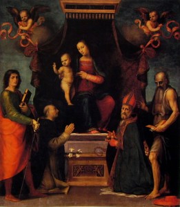 Mariotto Albertinelli: Madonna in trono col Bambino tra i santi Giuliano, Domenico, Nicola e Girolamo, cm. 237 x 209, Galleria dell’Accademia, Firenze.